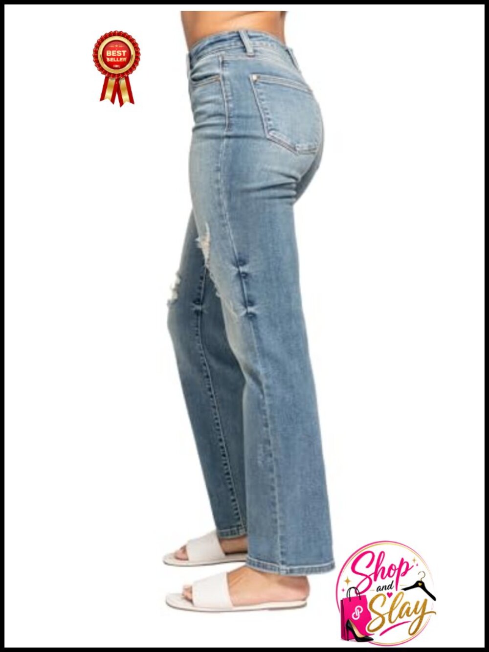 High Waisted Dad Straight Jeans Destroyed Cotton Blend